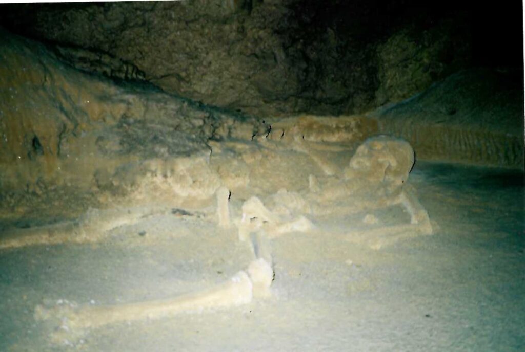 Calcium Carbonate encrusted skeleton offerings chamber in Actun Tunichil Muknal cave, Belize, with friend and artist Lad Hanka, March 04