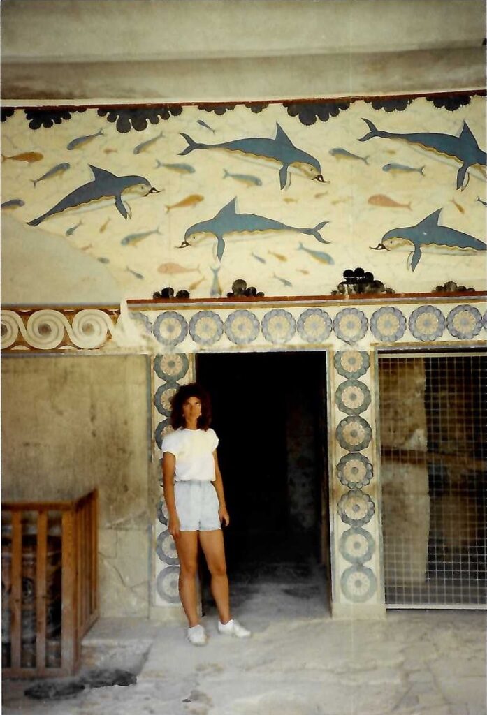 Jean at dolphins wall fresco, Knossos, Crete, July 88