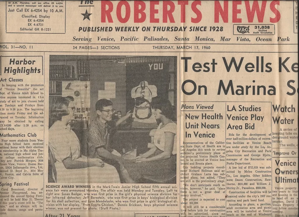 Roberts News piece on Science Fair winners, March 17, 1960