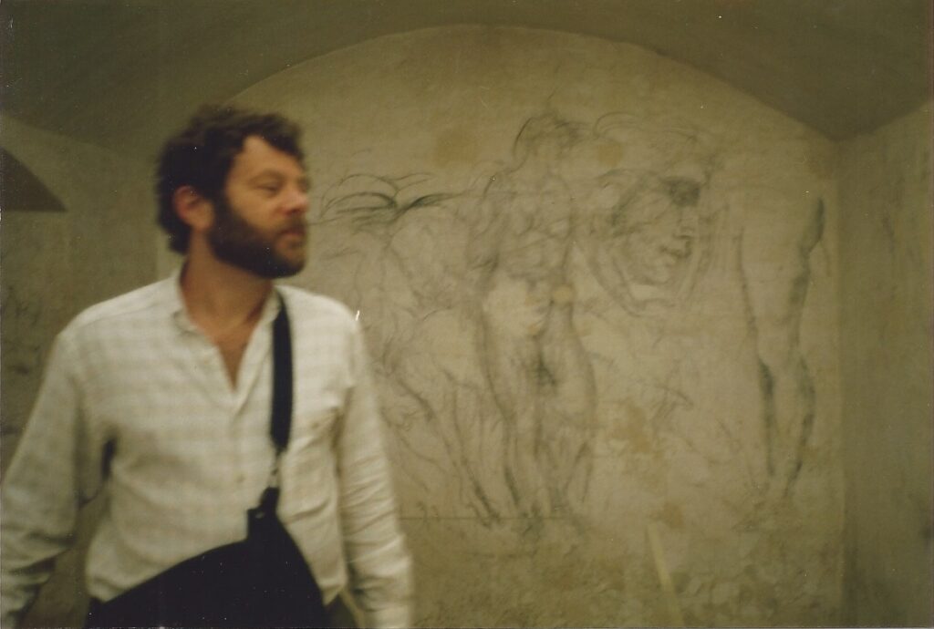 with Michaelangelo's charcoal wall dwgs in subfloor crypt, Medici Chapel, San Lorenzo, Florence, August 91