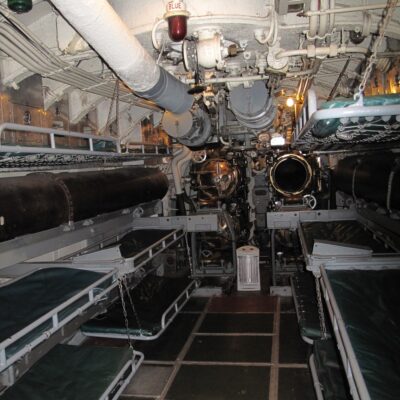 USS Silversides forward torpedo tubes. The torpedo crew bunked in one of the torpedo storage areas, sleeping amidst enough explosives to sink a battleship.