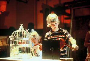 Human-powered devices was one of several themes. Here, a hand-cranked forge blower’s air blast jingles bells and ornaments in a bird cage.