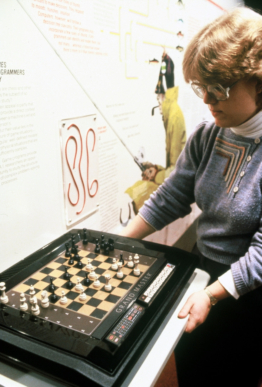 In 1984, a chess playing microprocessor was a startling thought. This demo was part of an area devoted to artificial intelligence.